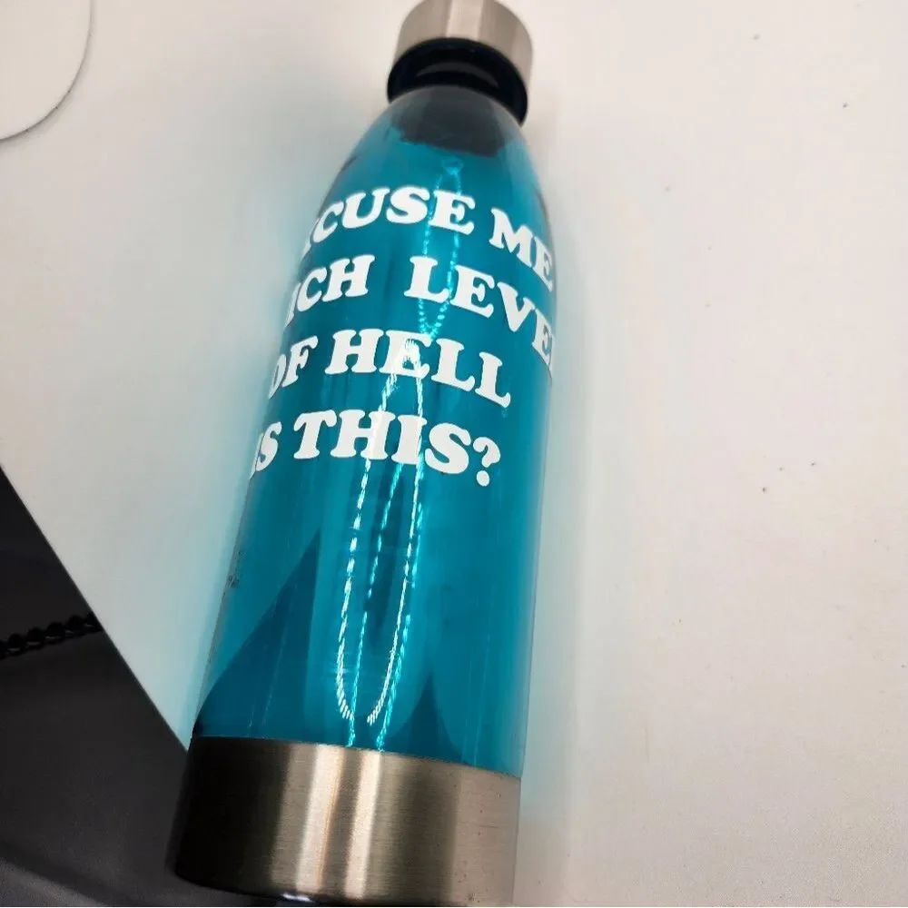 Hand Crafted Travel Water Bottle Plastic Steel Lid, Bottom Blue Funny Saying